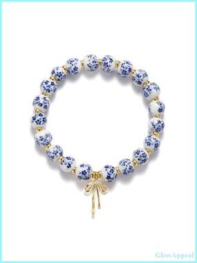 Handmade Beaded Bracelet with Bow Charm Gold Plated 18K Spacers Stretch 7.5 in